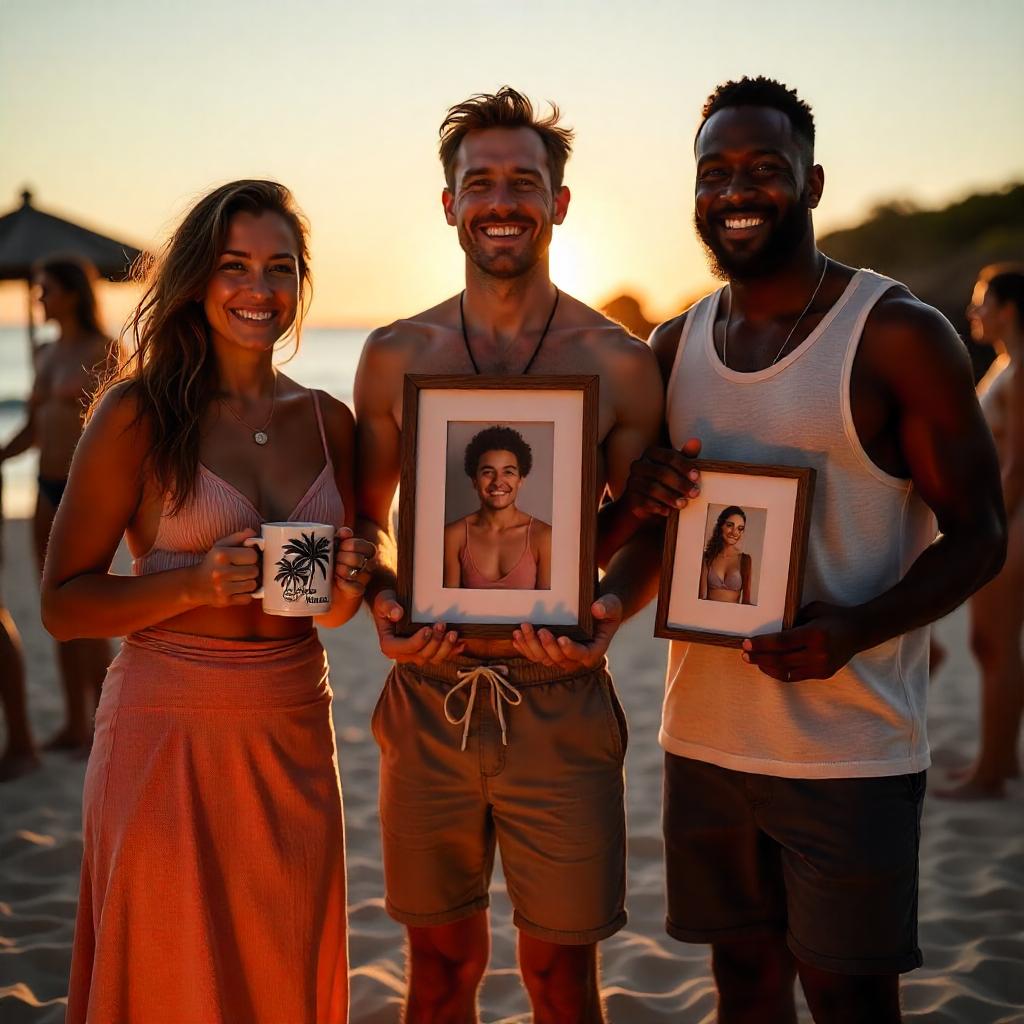 Three people on a beach holding framed photos and a mug with a sunset in the background